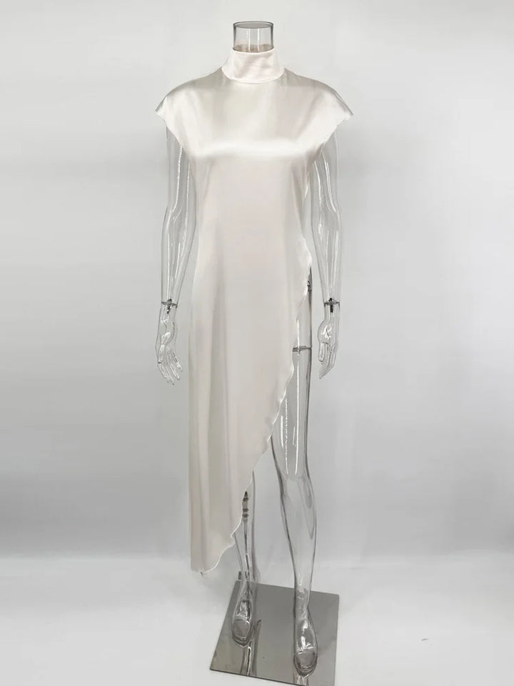 Stylish Satin Turtleneck Sleeveless Maxi Dress For Casual Commute