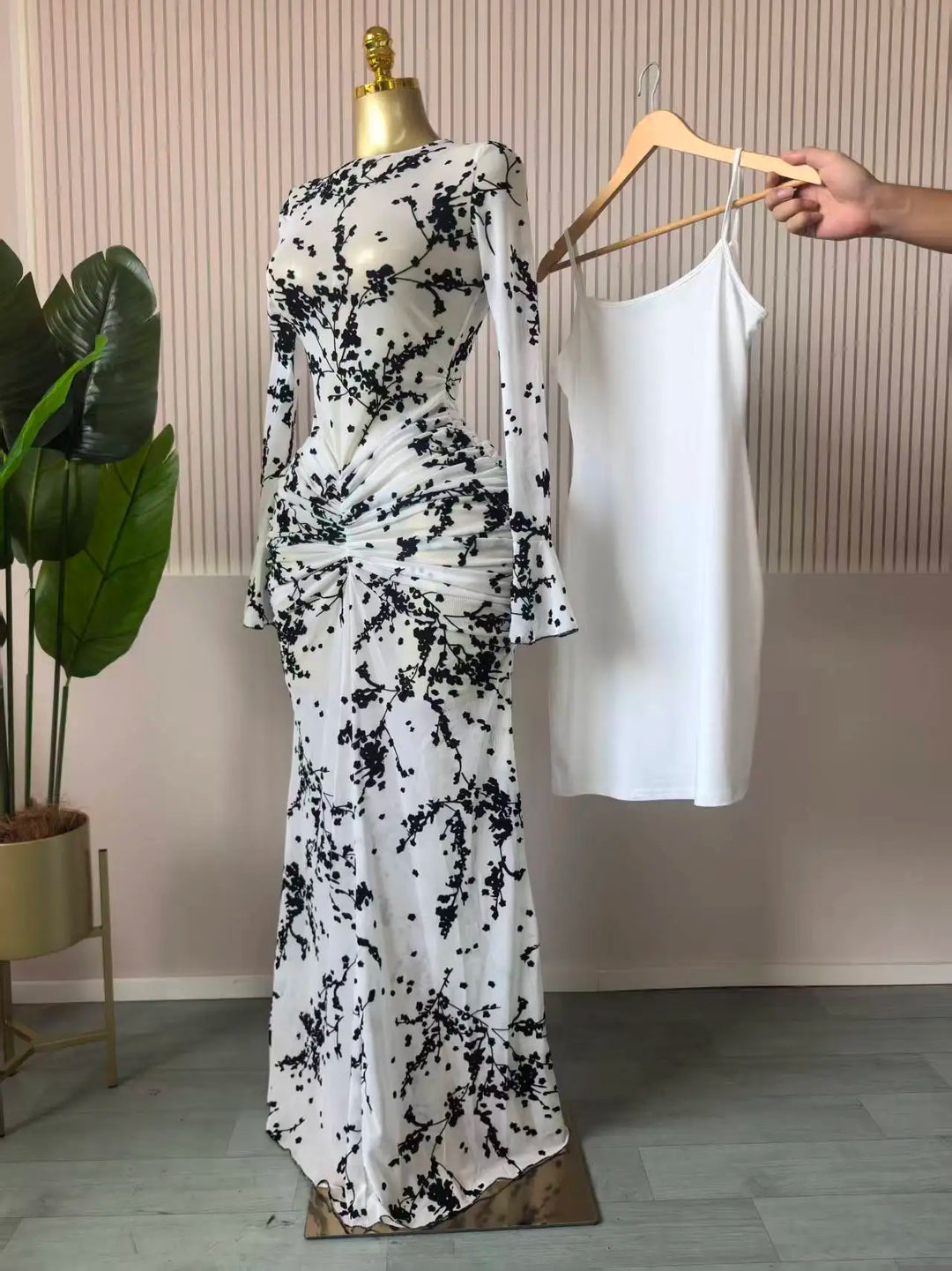 Elegant Sheer Mesh Evening Gown Long Sleeve Formal