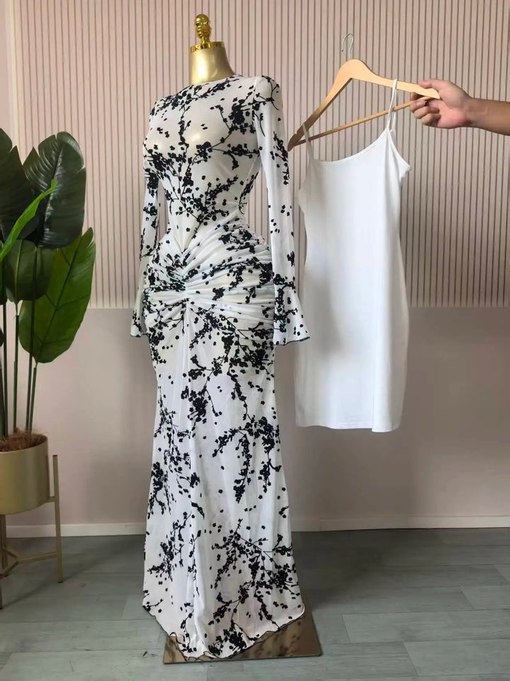 Elegant Sheer Mesh Evening Gown Long Sleeve Formal