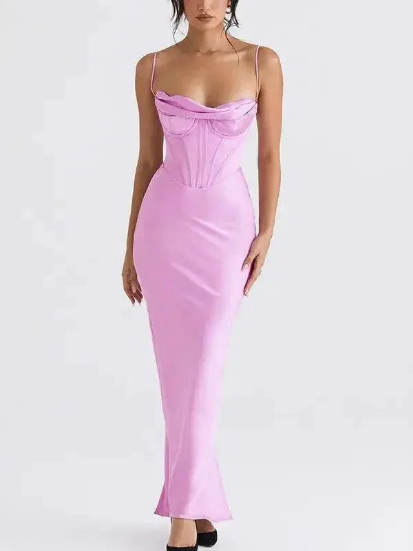 Elegant Pink Satin Maxi Bodycon Dress for Chic Events