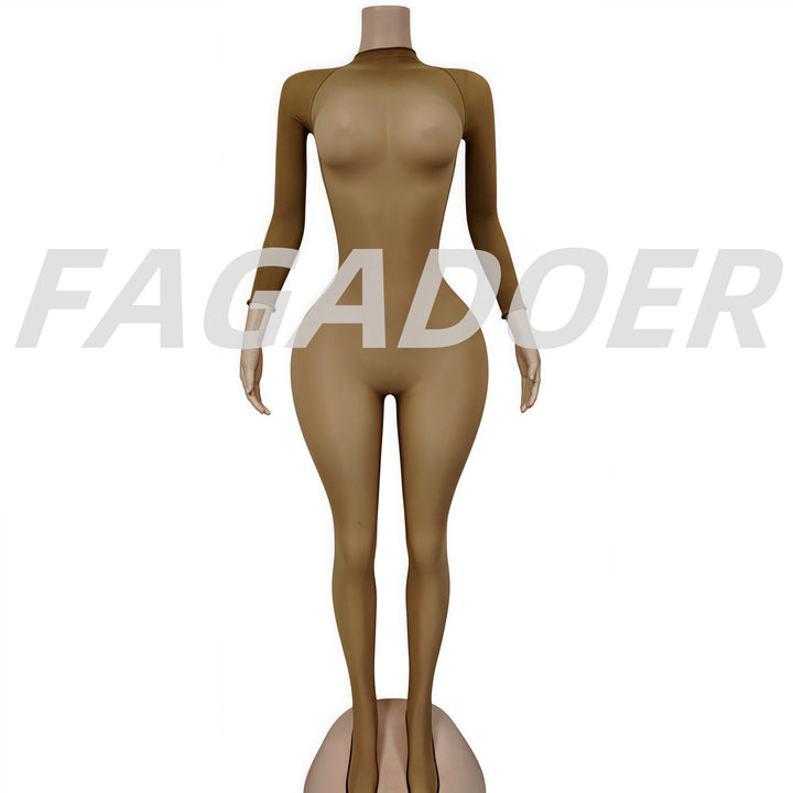 FAGADOER See Through Mesh Bodycon Jumpsuit Women