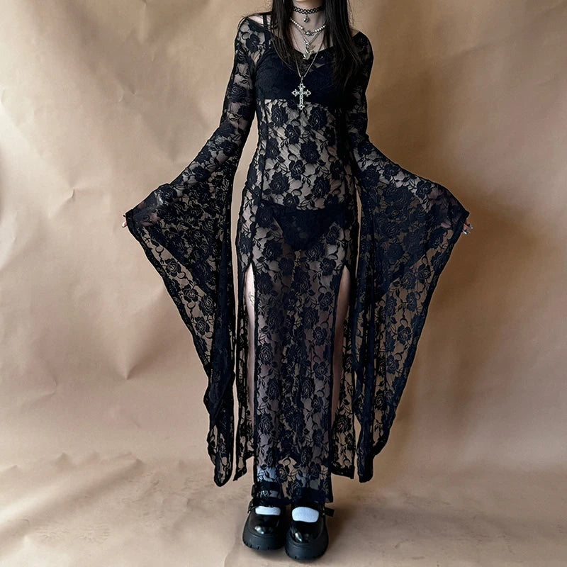 Egirl Goth Punk Sheer Lace Maxi Dress Long Sleeve