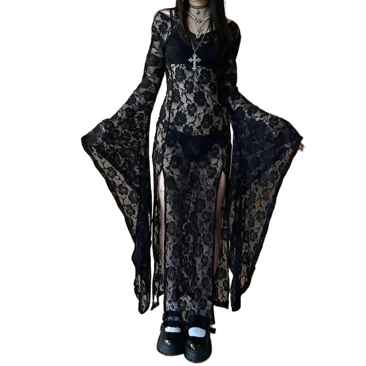 E-girl Goth Punk Bodycon Slip Dress Women Sheer Lace Maxi Dress Bat Long Sleeve Y2k Fairy Grunge See Through Split Flowy Dress