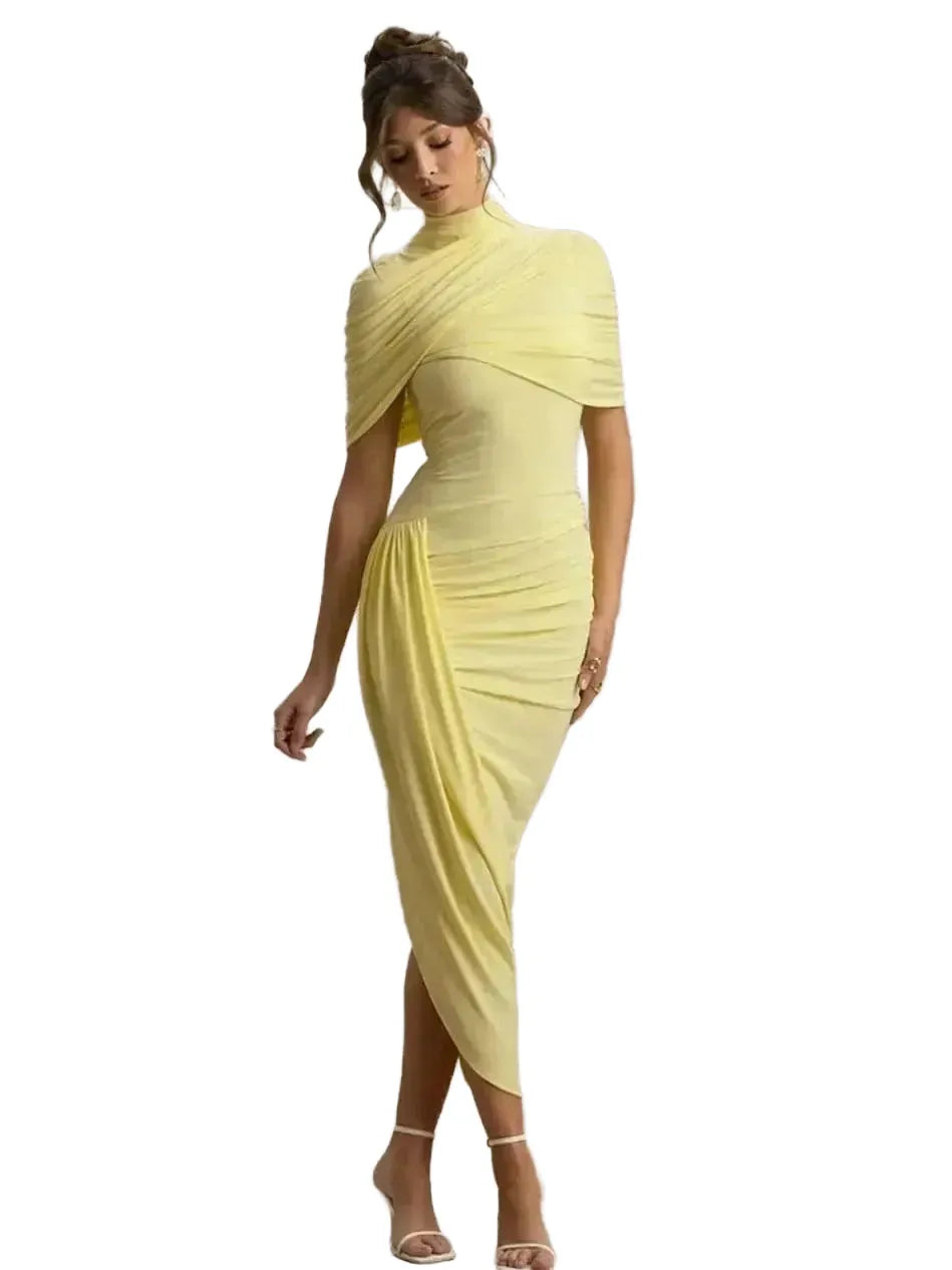 Ruched Bodycon Midi Dress Women Backless Shawl Sleeve Elegant Party Gown