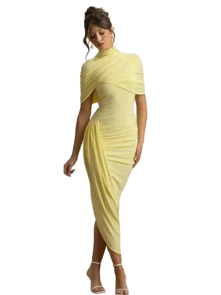 Ruched Bodycon Midi Dress Women Backless Shawl Sleeve Elegant Party Gown