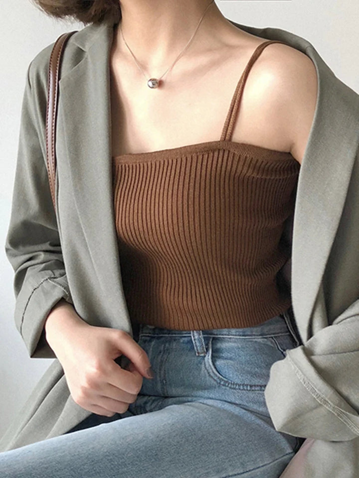 Slim Stretch Cotton Knitted Halter Crop Vest