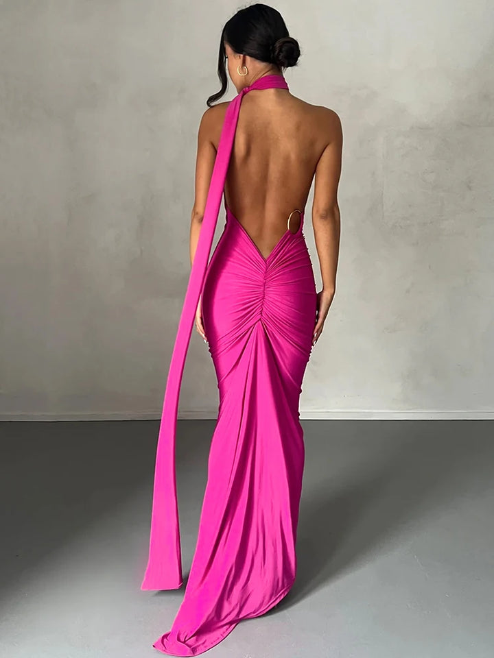 Elegant Y2k One Shoulder Maxi Dress Scarf Backless