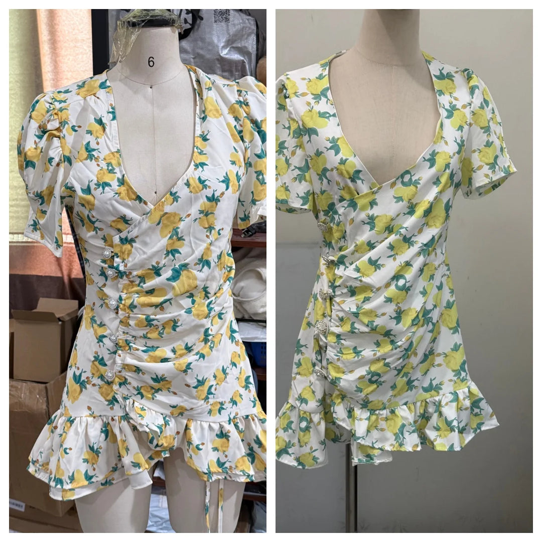 Flattering Printed V Neck Mini Dress Waist Cinch