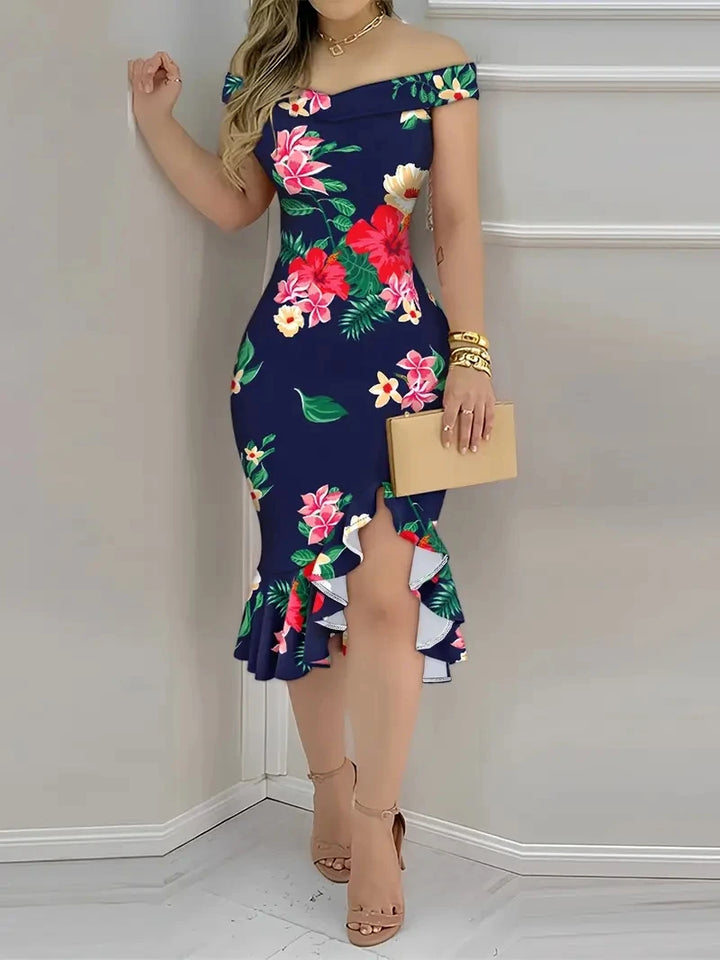 Elegant Womens Floral Midi Dress With Off Shoulder