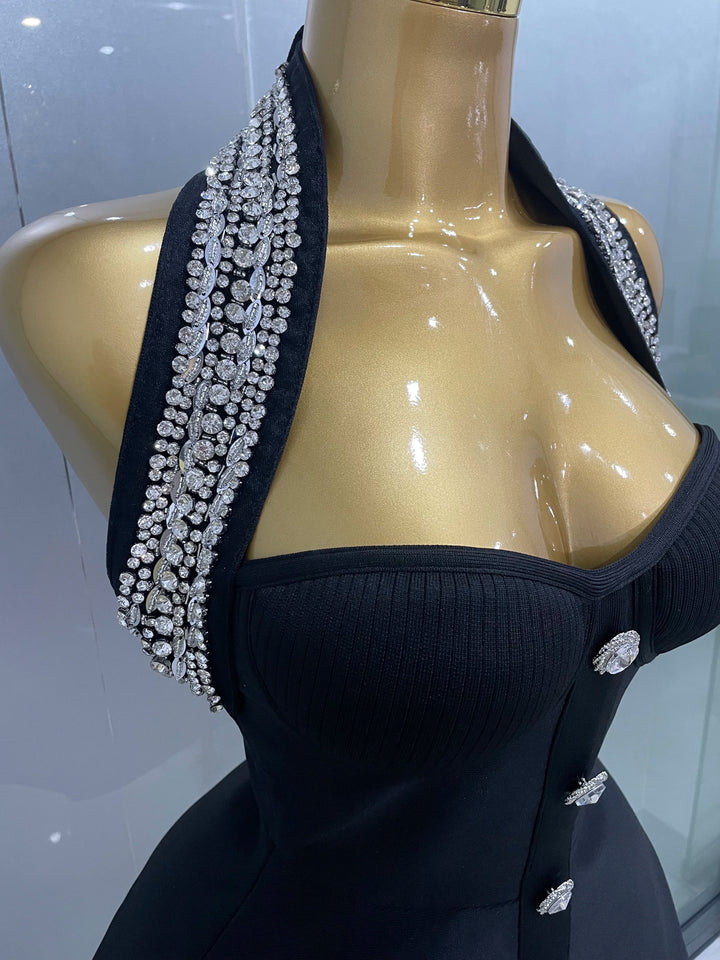 Stunning Black Sequin Off Shoulder Crystal Slim