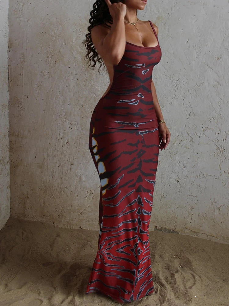 Tiger Stripe Backless Long Dress For Night Out