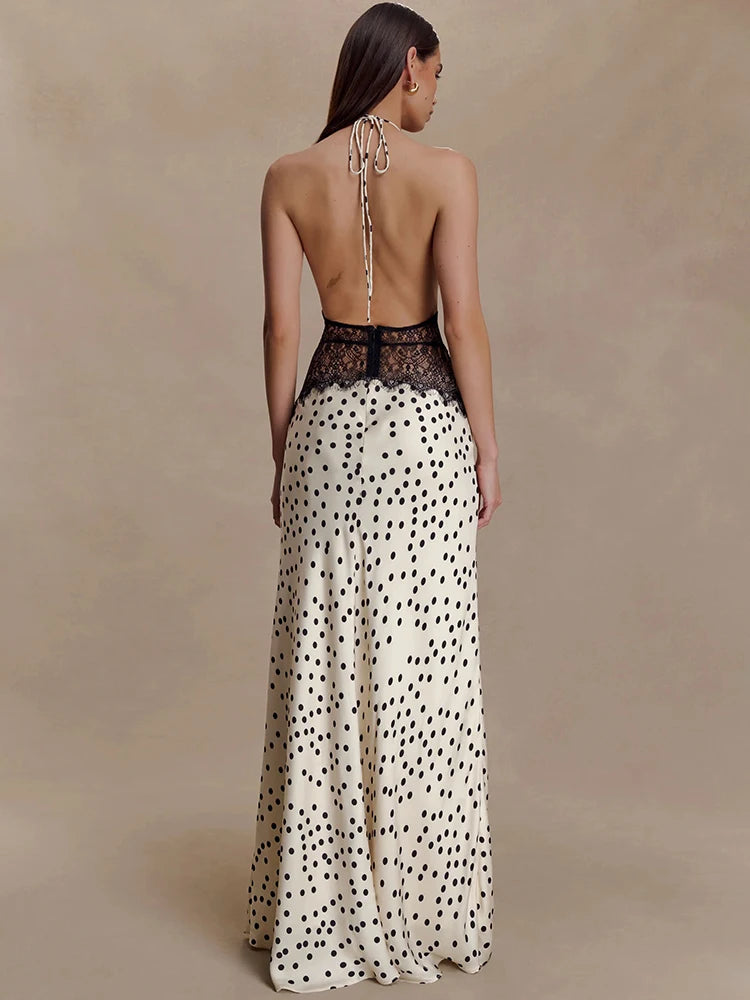 Polka Dot Backless Maxi Dress Women Halter V Neck