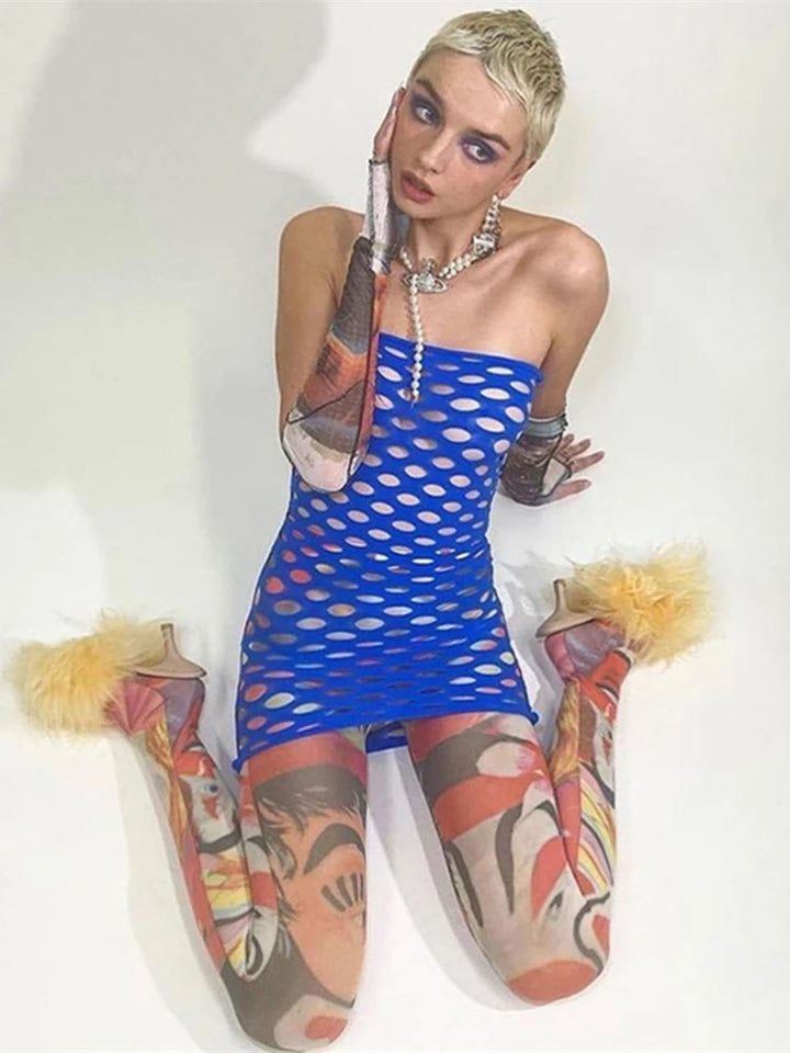 Womens Bodycon Nightclub Dress Fishnet Mini