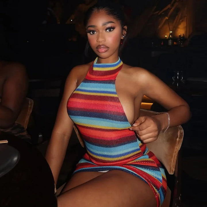 Cryptographic Halter Mini Dress Backless Colorful