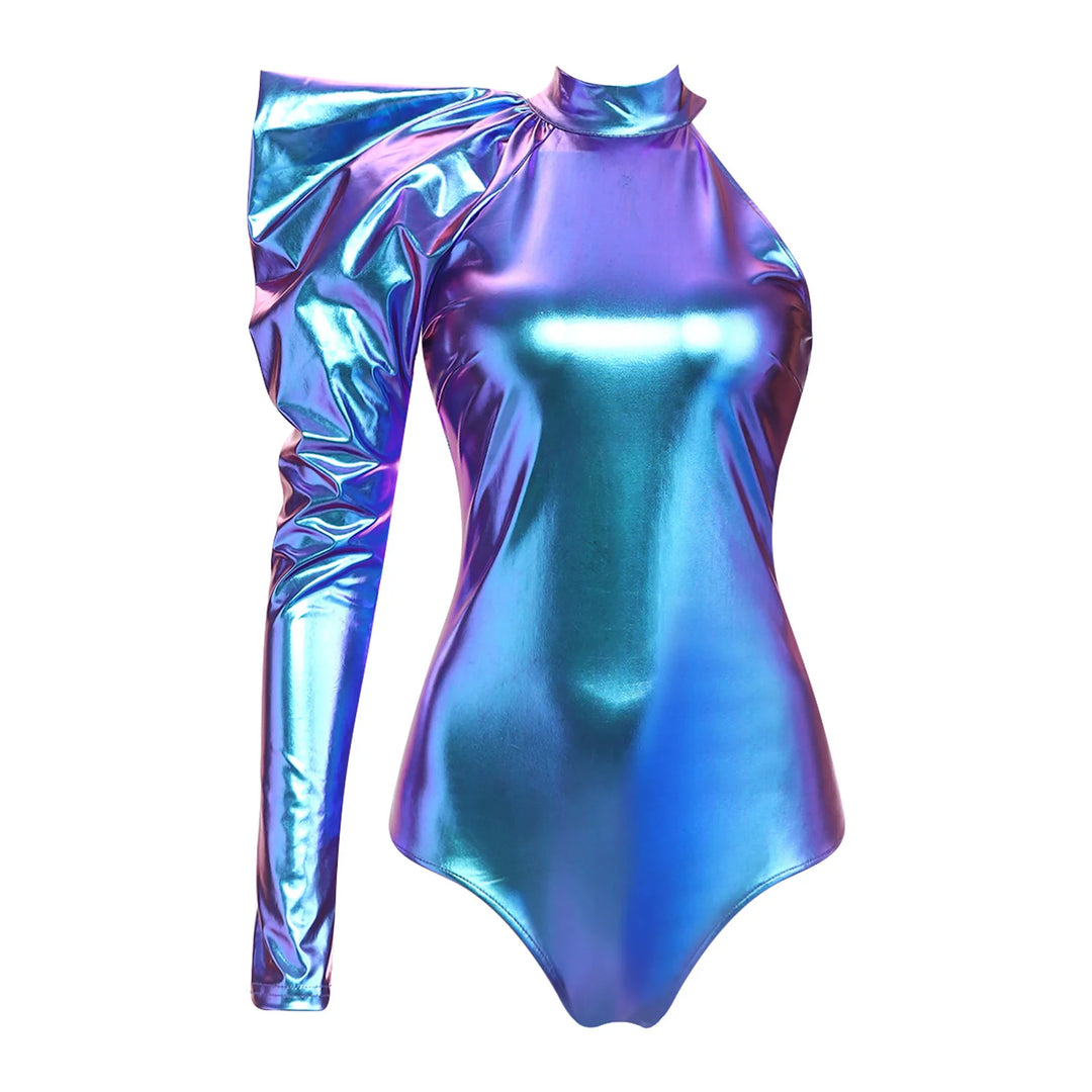 Stunning Womens Metallic Bodysuit With Dramatic Puff Sleeves For Party