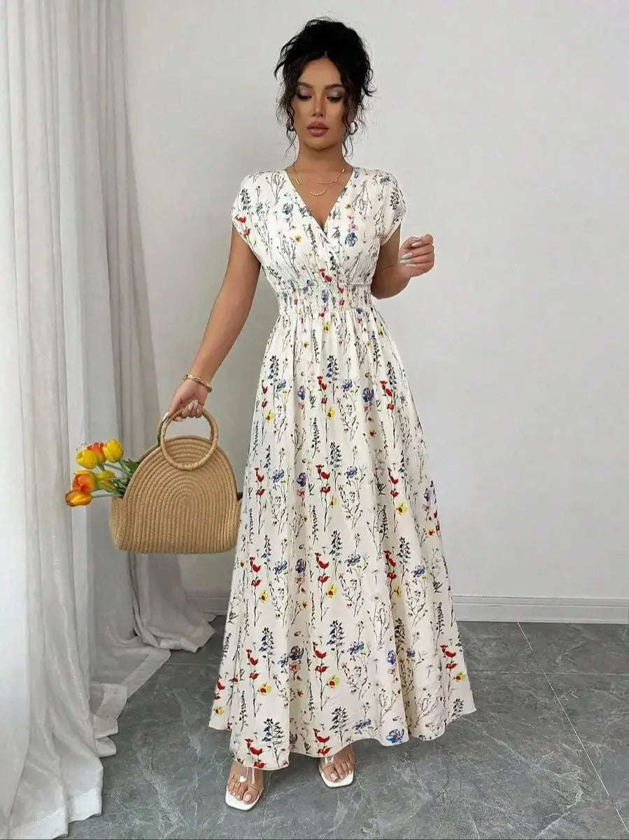Charming Ditsy Floral V Neck Waisted Maxi Dress