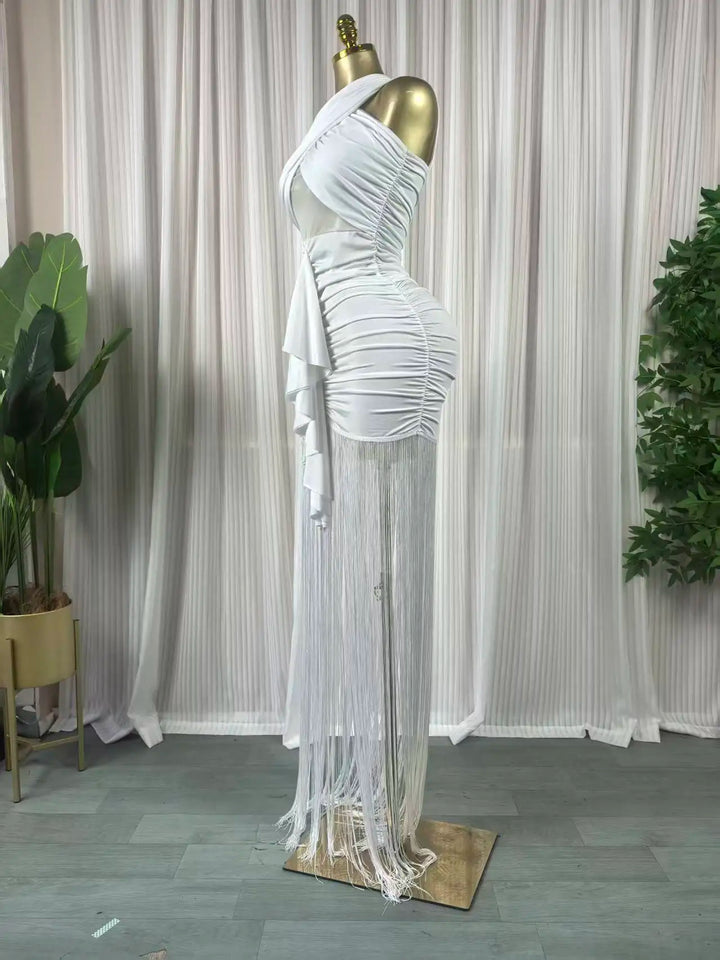 Women Wrap Halter Neck Ruched Maxi Tassel