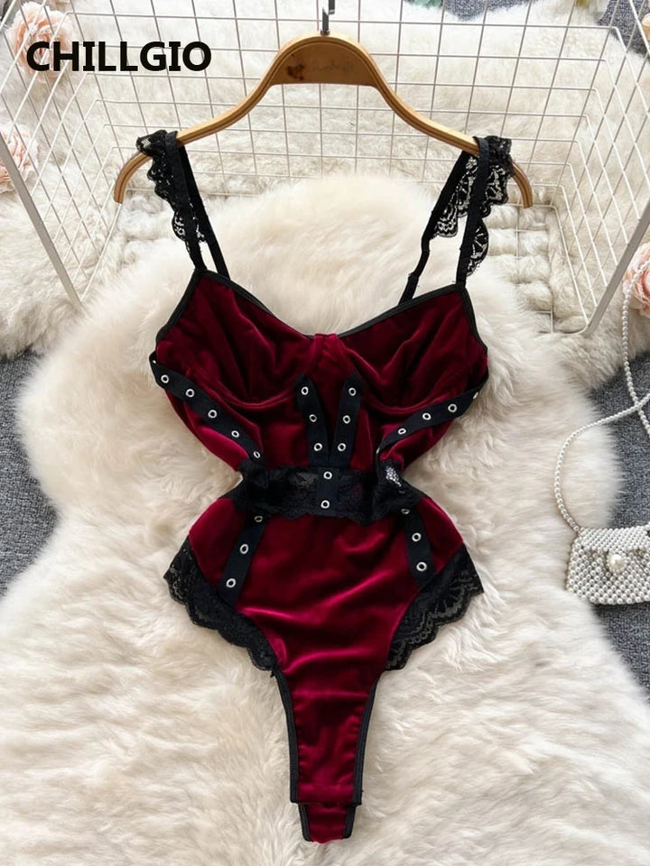 ChillGio Velour Bodysuit Women Lace Patchwork