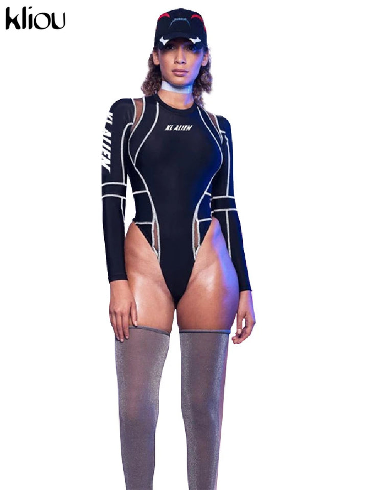 Kliou Women Mesh Patchwork Letter Turtleneck Bodysuit