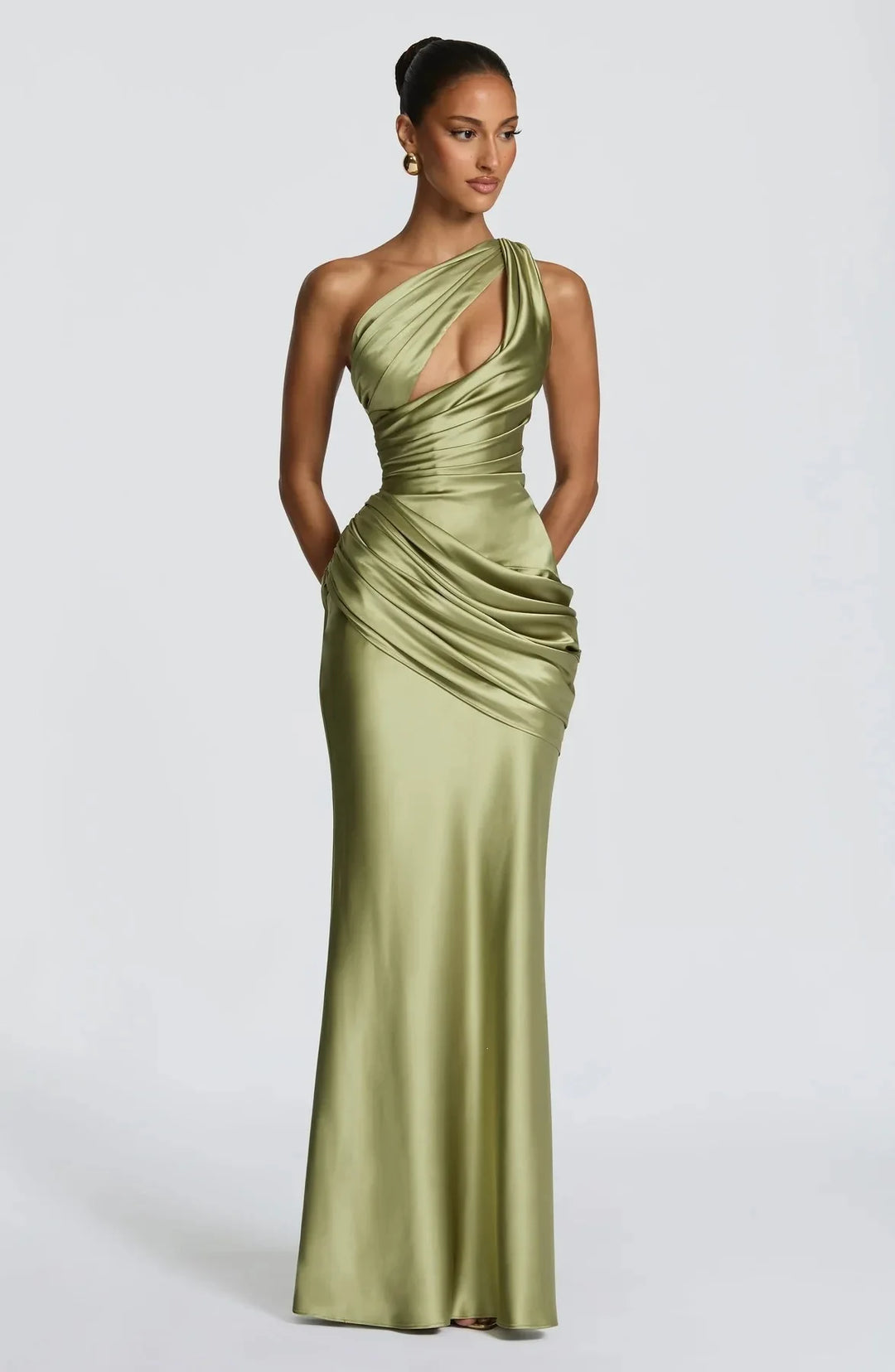 Green Satin Mermaid Dress One Shoulder Cutout