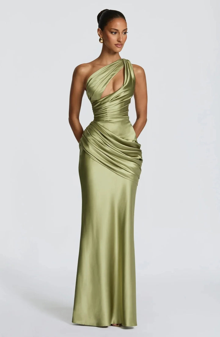 Green Satin Mermaid Dress One Shoulder Cutout