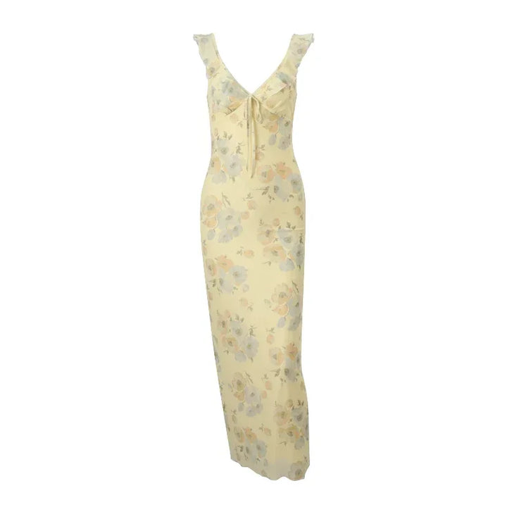 Sunset Yellow Retro V Neck Flower Maxi Dress