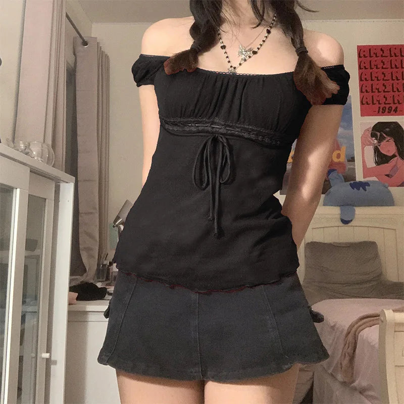 Premium Women Off Shoulder Lace Drawstring Cotton