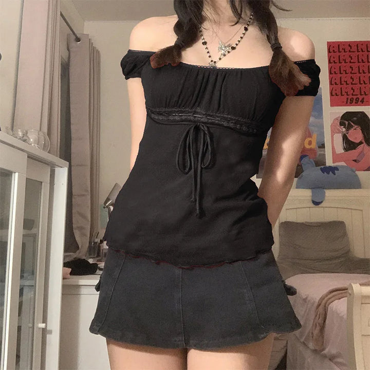 Premium Women Off Shoulder Lace Drawstring Cotton