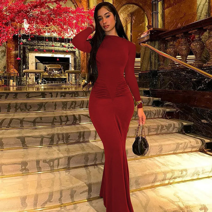 Hugcitar Premium Ruche Maxi Dress For Autumn