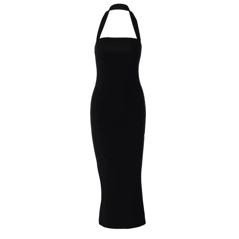Hugcitar 2025 Elegant Halter Black Backless Sexy Bodycon Maxi Prom Dress Summer Women Y2K Clothes Wedding Birthday Party
