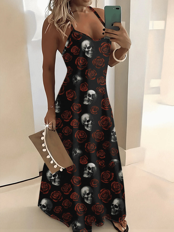 Edgy Silver Skull Red Rose Black Spaghetti Strap Maxi Dress