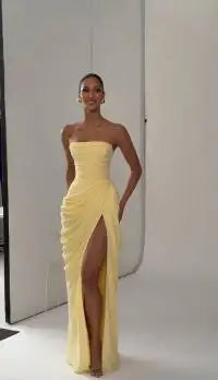 Elegant Yellow Strapless Pleated Dress For Summer Evening Parties