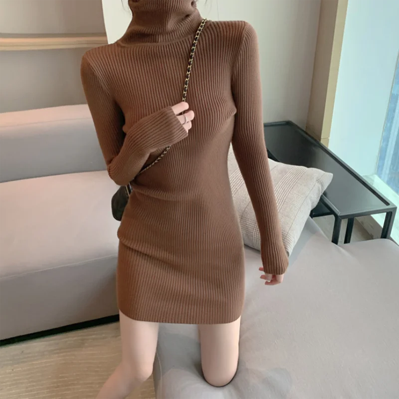 Women Autumn Turtleneck Bodycon Knit Mini Dress