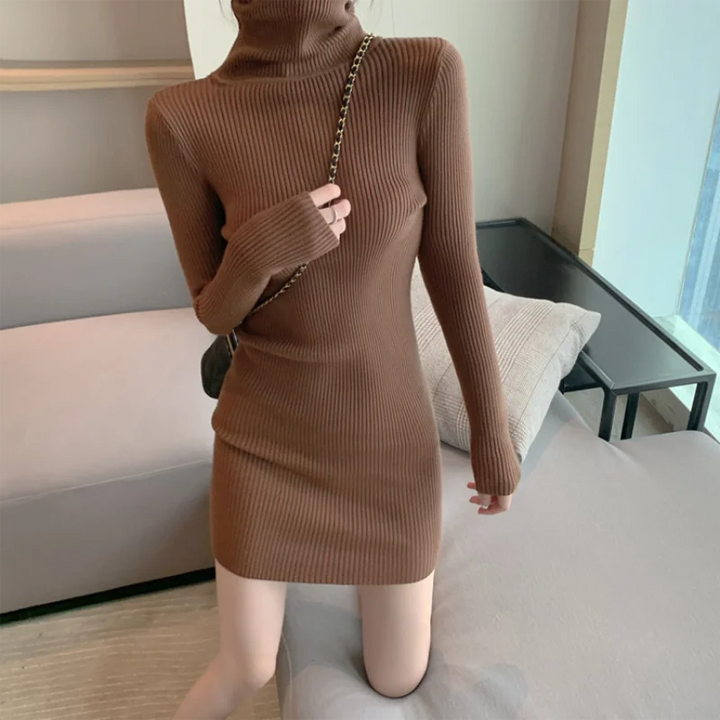 Women Autumn Turtleneck Bodycon Knit Mini Dress