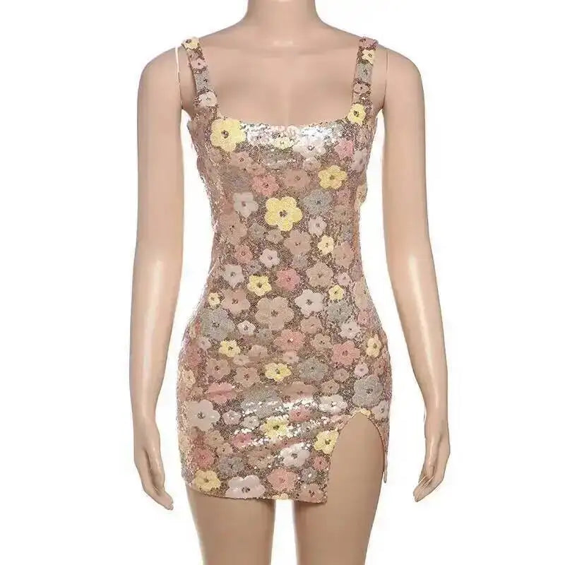 Elegant Floral Sequin Mini Dress With Spaghetti