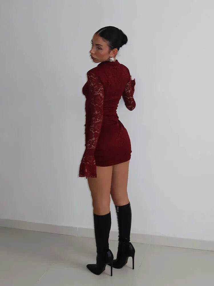 Sexy Lace Mini Dress Women Bodycon Turtleneck