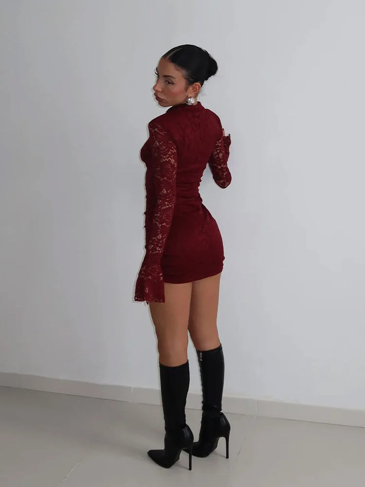 Sexy Lace Mini Dress Women Bodycon Turtleneck