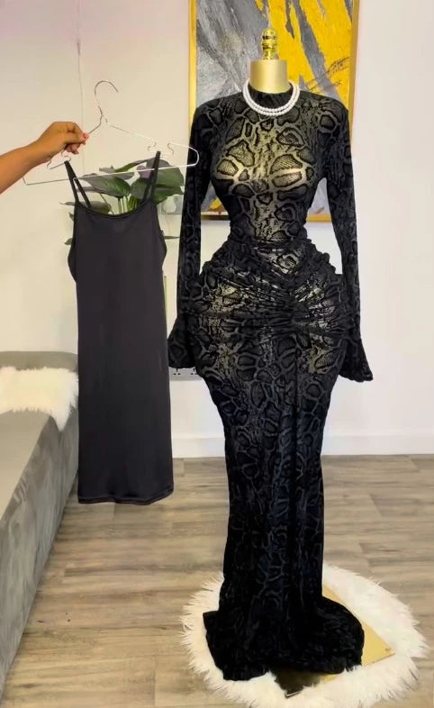 Elegant Sheer Mesh Evening Gown Long Sleeve Formal