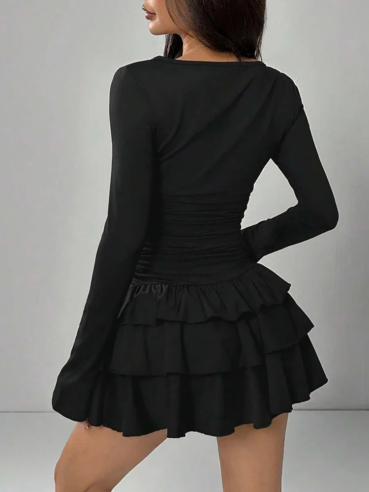 Autumn Winter Solid Color Slim Fit Ruffles Dress