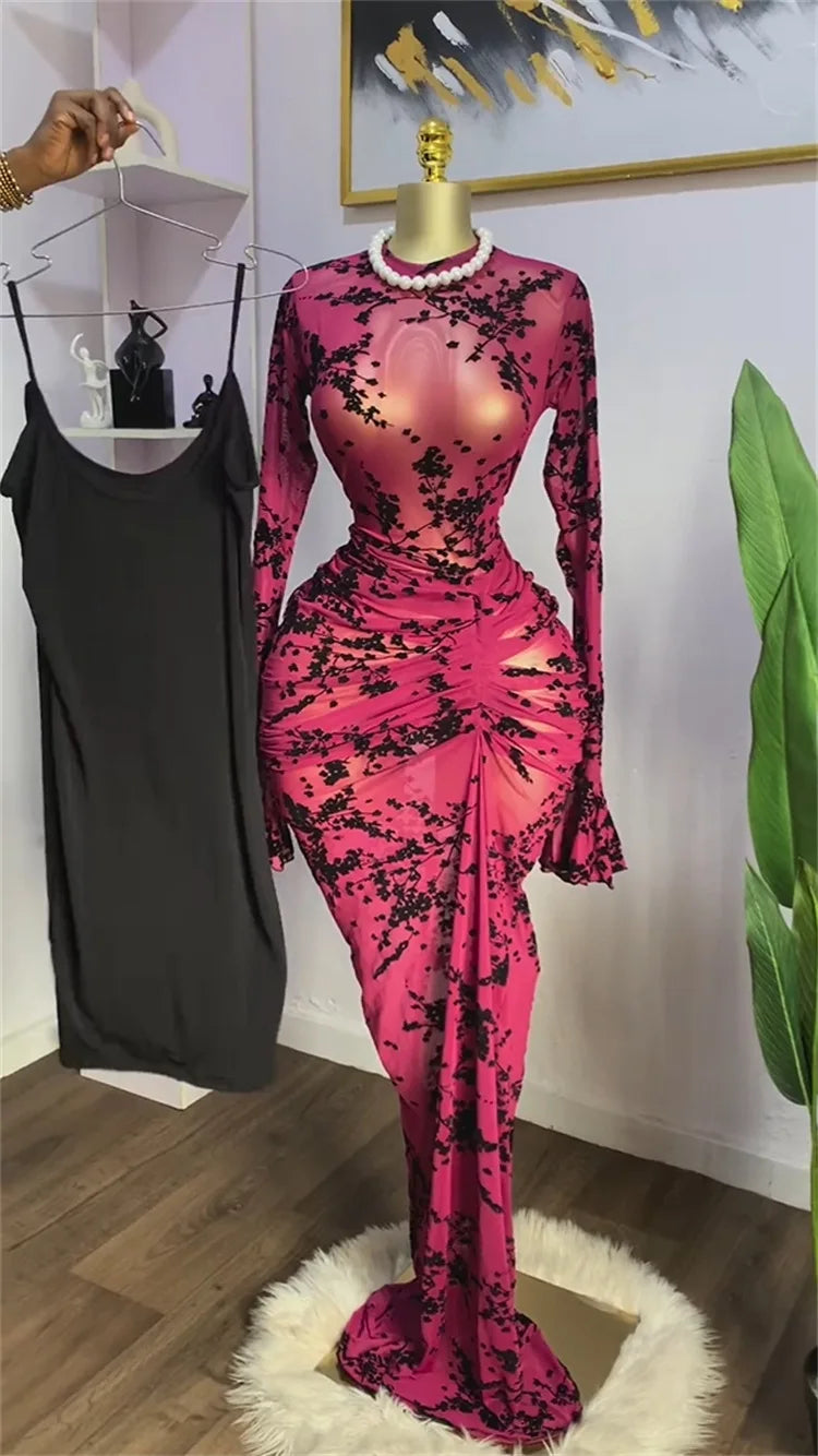 CM.YAYA Fall Long Sleeve See Through Lined Dress