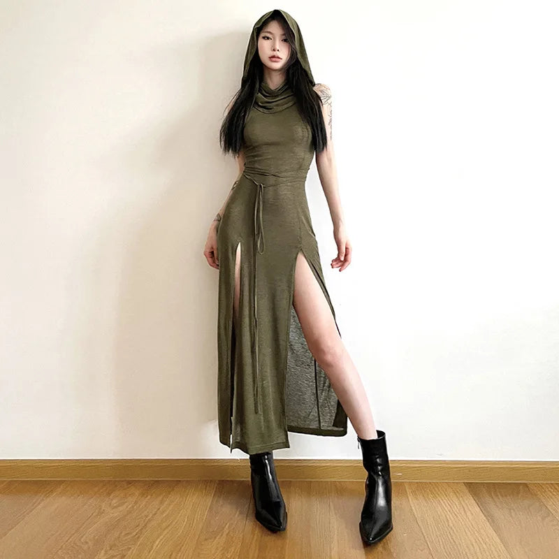 Sexy Sleeveless Hooded Long Split Dress For Summer