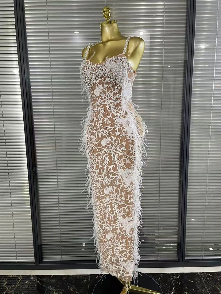 Elegant Beaded Feathers Sleeveless Bodycon Dress