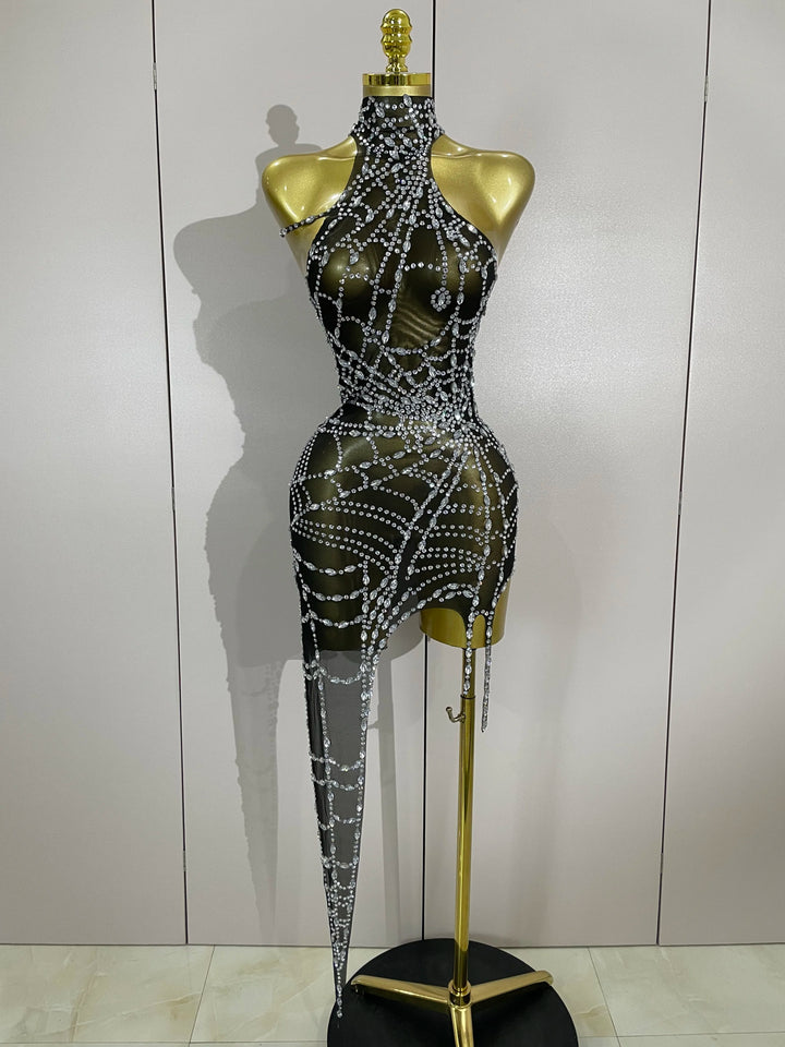 Sparkly Diamond Mesh Asymmetric Bodycon Mini Dress