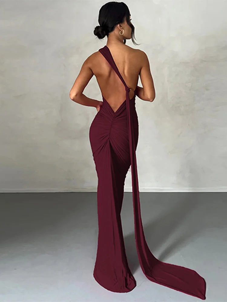 Neon Y2K One Shoulder Backless Ruched Maxi Dress