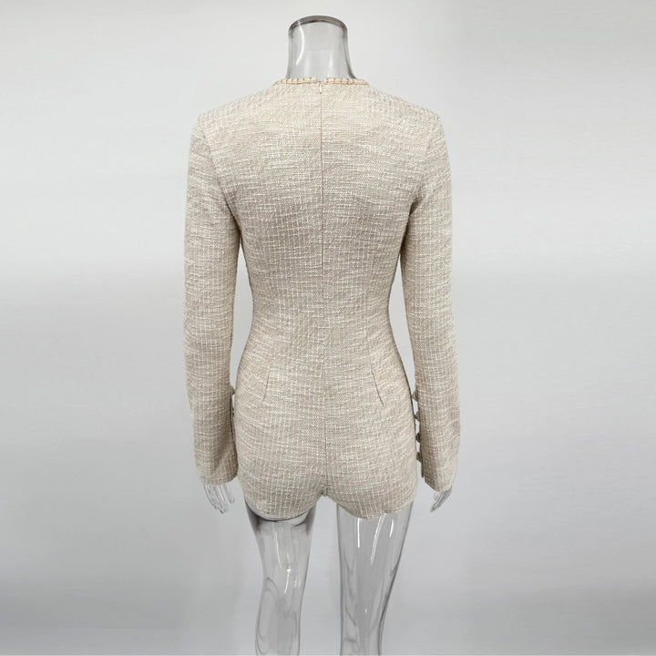 Beige Tweed Romper With Button Detail Jumpsuit