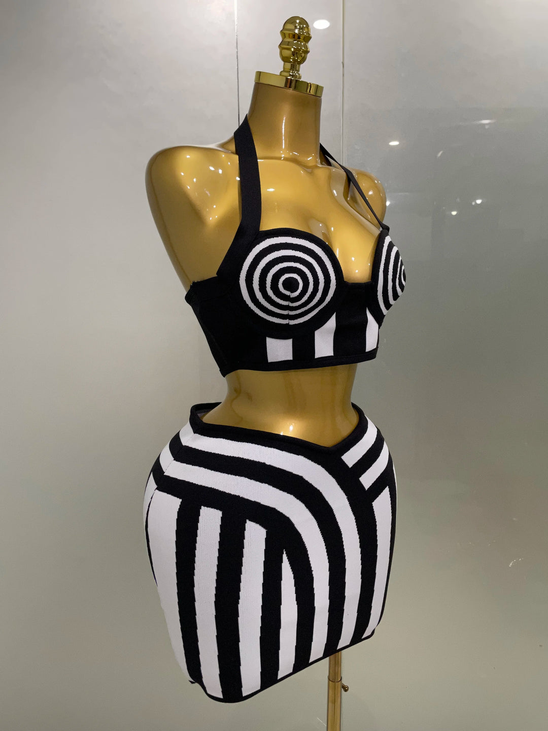 Black White Striped Jacquard Two Piece Party