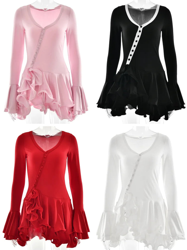 Absobe Women A Line Mini Dress Ruffle Hem V Neck