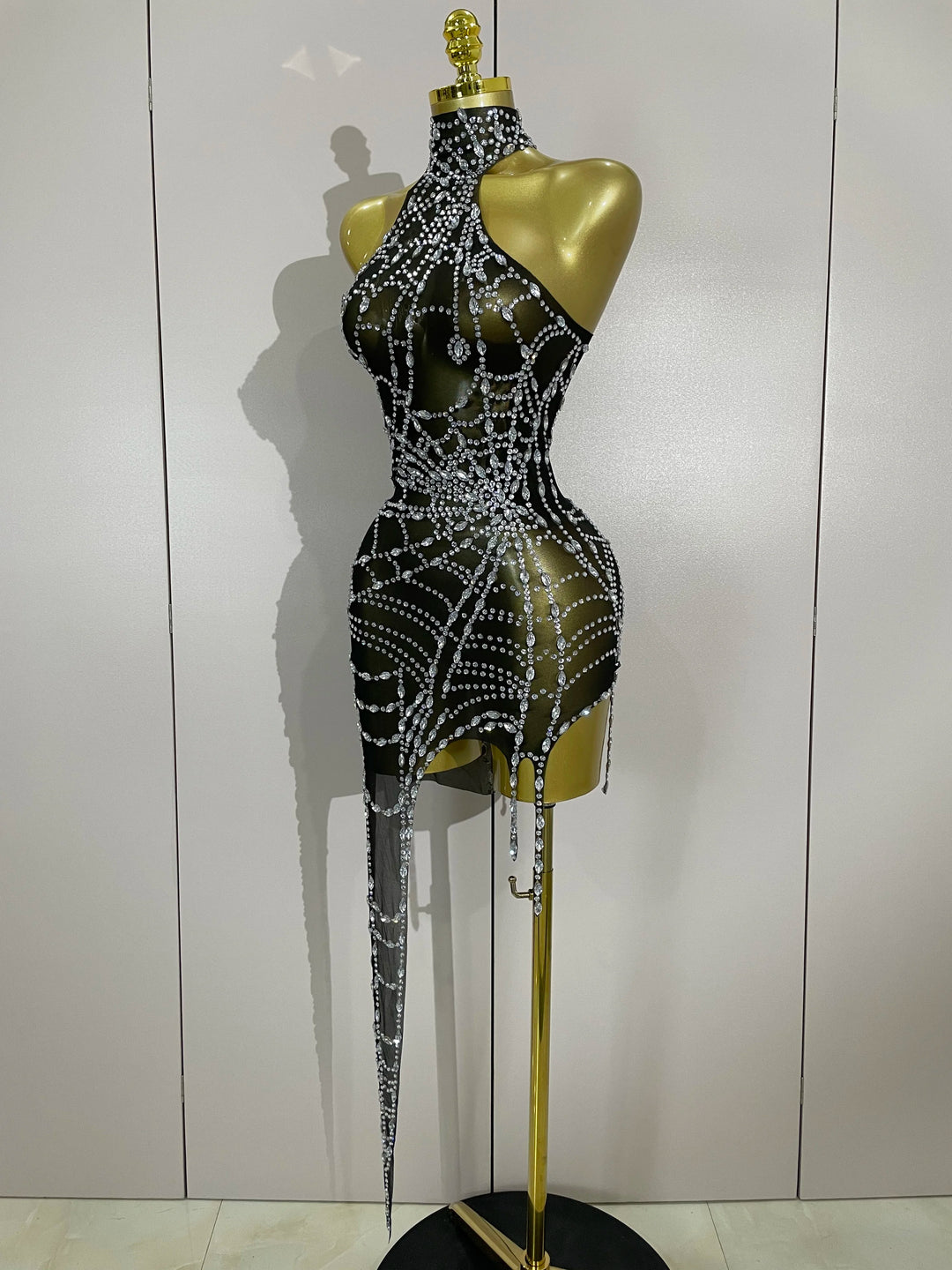 Sparkly Diamond Mesh Asymmetric Bodycon Mini Dress