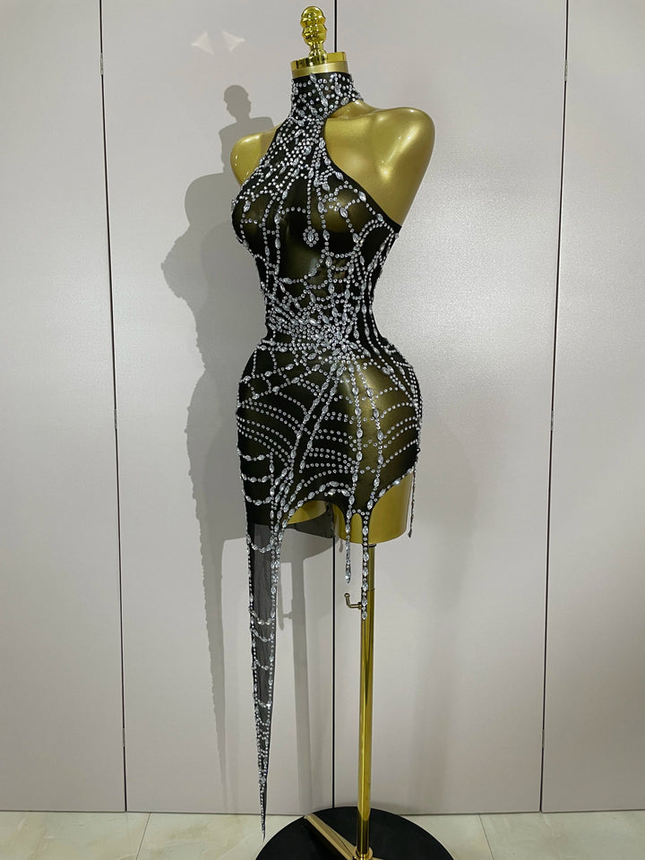 Sparkly Diamond Mesh Asymmetric Bodycon Mini Dress