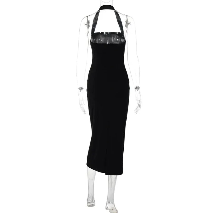 Hugcitar 2025 Elegant Halter Black Backless Sexy Bodycon Maxi Prom Dress Summer Women Y2K Clothes Wedding Birthday Party